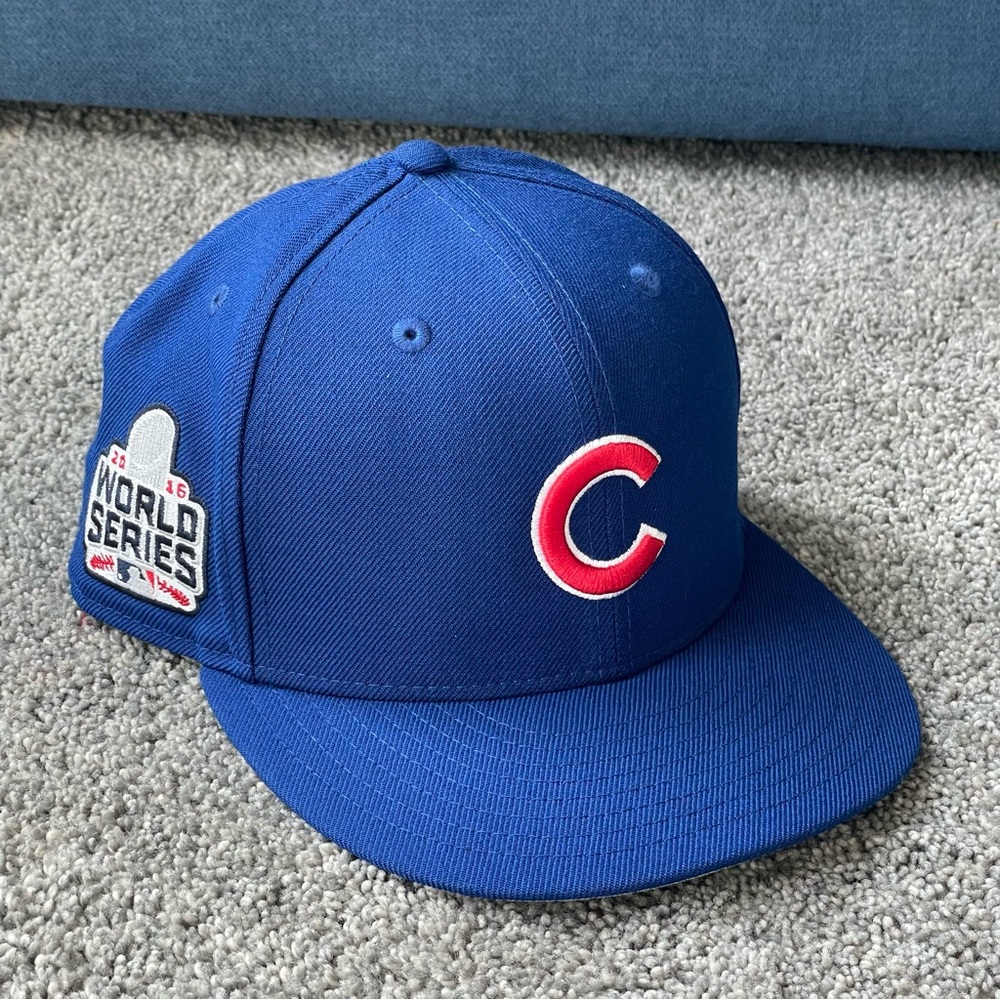 New Era Chicago Cubs 2016 World Series Patch Fitted Hat Size 7 1/2 Blue Gray UV